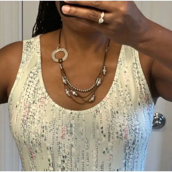 Boho Style Pearl Bead Brown Cord Layered Necklace with Statement Ring Accent - Picture 3 of 16